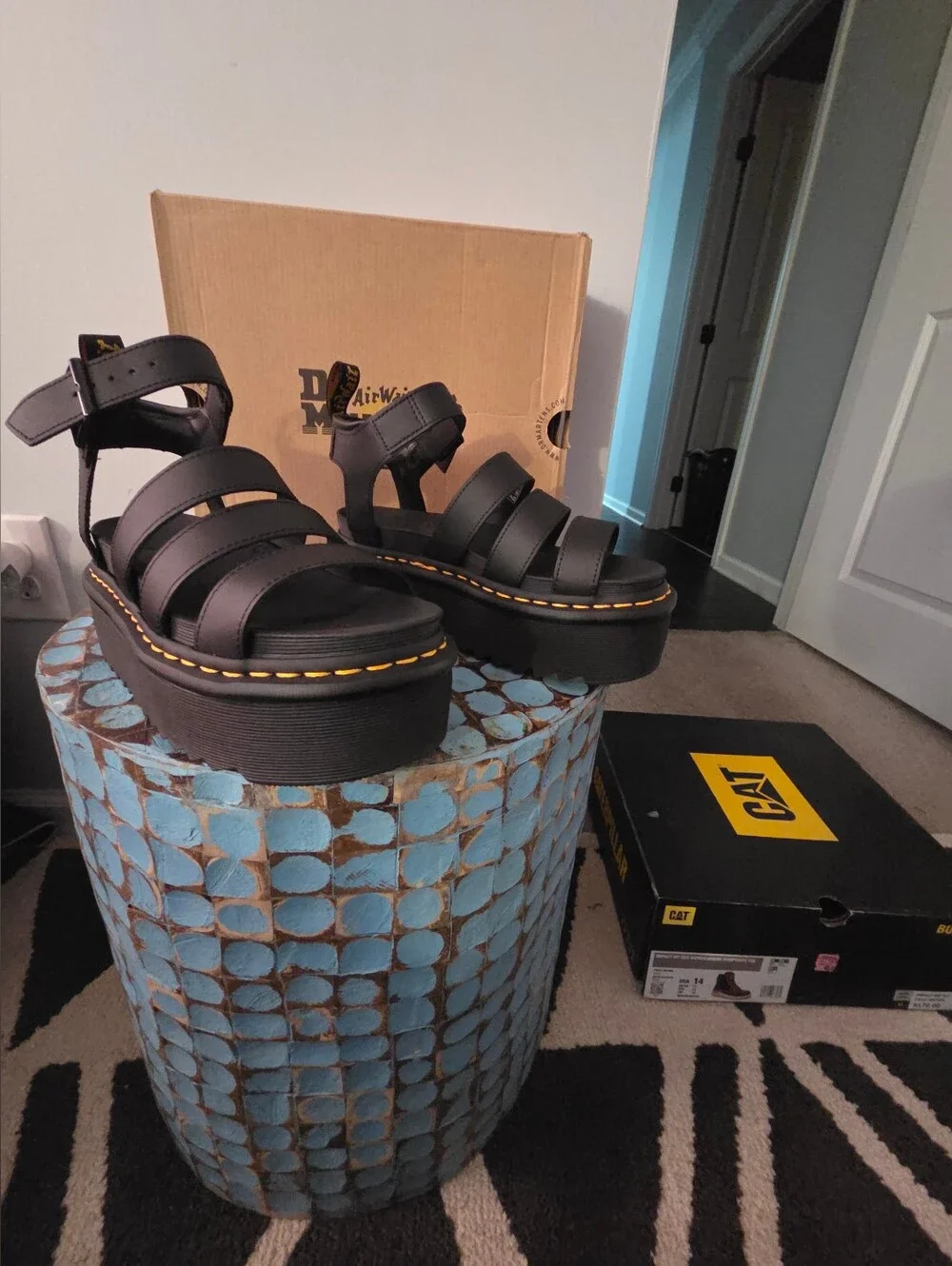 Doc Martens Black Platform Strappy Sandals with Yellow Stitching